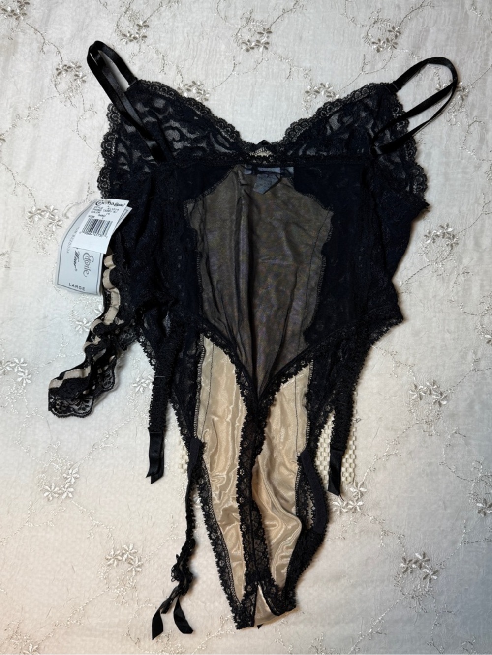 vintage y2k cinema etoile black lace satin bodysuit w/ garter straps – size l - Picture 7 of 7